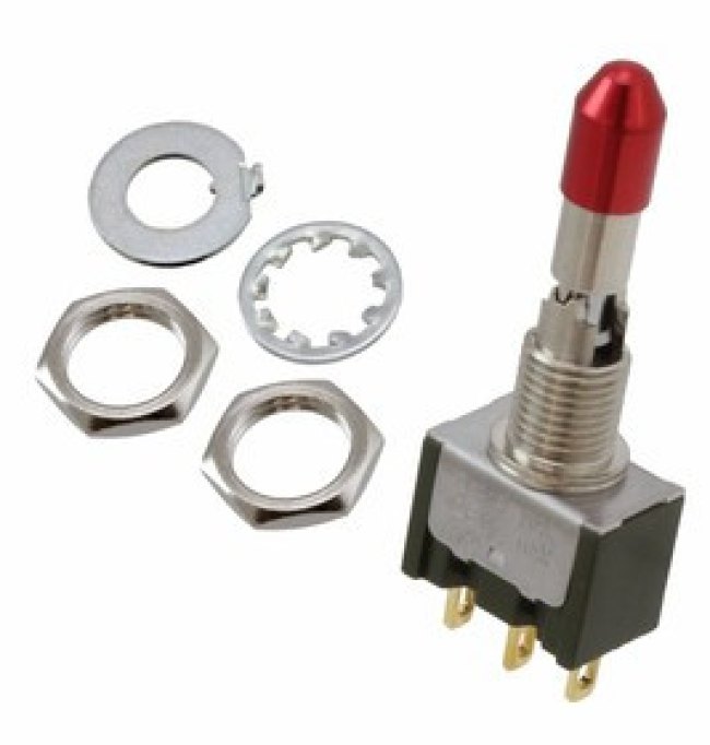 M2012LL1W01-C, Toggle Switches ON-ON LOCKING LEVER 1/4" BUSHNG RED CAP