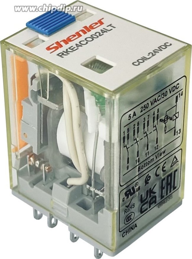 Реле RKE4CO024LT, 4CO, 5A(250VAC/30VDC), 24VDC, LED, мех. инд., тест-кнопка RKE4CO024LT