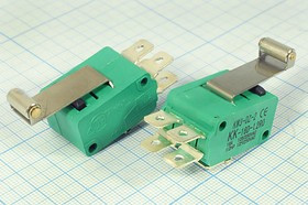Микропереключатель на две группы контактов 220В/16А, рычаг 26мм с роликом , 10201 ПКонц 29x20 x16\22