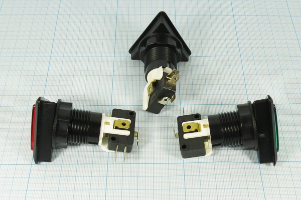 Треугольная кнопка без фиксации (SPDT), ON-(OFF)/OFF-(ON) красная с подсветкой, 220В/5А; №1852 R ПКн\250\ 5\(SPDT)\d24\чер\ ILкр12В\\5T\PB-3