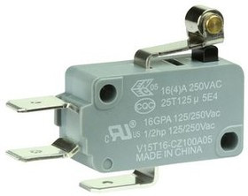 V15T16-CZ100A05, Micro Switch V15, 16A, 1CO, 1.18N, Roller Lever