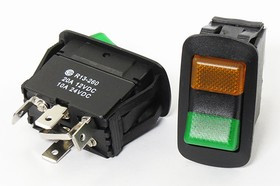 Переключатель клавишный, контакты 4T, 20А, 12В, ON-ON, подсветка ILжелтая/зеленая, R13-260С5-01Y/G