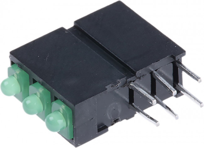 570-0100-222F, Индикатор печатной платы, Зеленый, 3 светодиод(-ов), Сквозное Отверстие, 2мм, 20 мА, 8.7 мкд