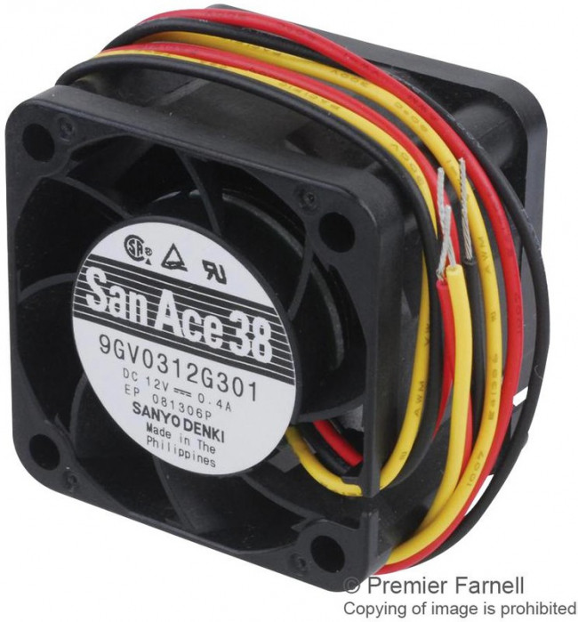 9GV0312G301, San Ace 9GV Series Axial Fan, 12 V dc, DC Operation, 28.8m³/h, 4.8W, 400mA Max, 38 x 38 x 28mm
