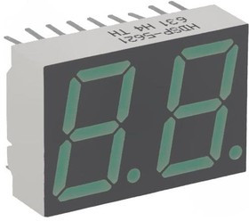 HDSP-5621, 7-сегментный светодиодный дисплей, Зеленый, 10 мА, 2.1 В, 3.1 мкд, 2, 14.22 мм