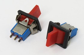 Рычажный переключатель (тумблер), 220В, 3А, переключение ON-OFF-(ON), 16x12, красный, контакты 3C, RLS-113F