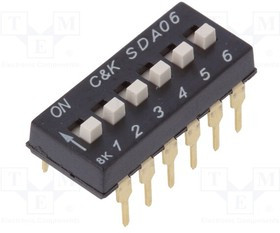 SDA06H1BD, Переключатель движковый, Положения 6, SPST, 0,025A/24ВDC, ON-OFF