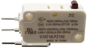 V19T16-PZ100, микропереключатель SPDT 250В 16A в плату 0.9*0.9мм 0.98N