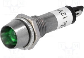 IND8-12G-B, Индикат.лампа: LED, вогнутый, 12ВDC, Отв: d8,2мм, IP40, под пайку