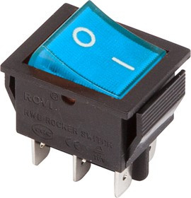 36-2351, Переключатель клавишный 250V 15А (6с) ON-ON синий с подсветкой (RWB-506, SC-767)