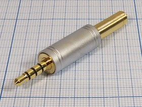 Штекер Audio Jack стерео 3.5мм на кабель, 4-х контактный; №10831 штек 3,5стерео\4C [Au]\каб/SG\пруж хвост\\
