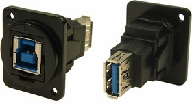 Straight, Panel Mount, Socket to Socket Type B to A 3.0 IP40 Feedthrough USB Connector