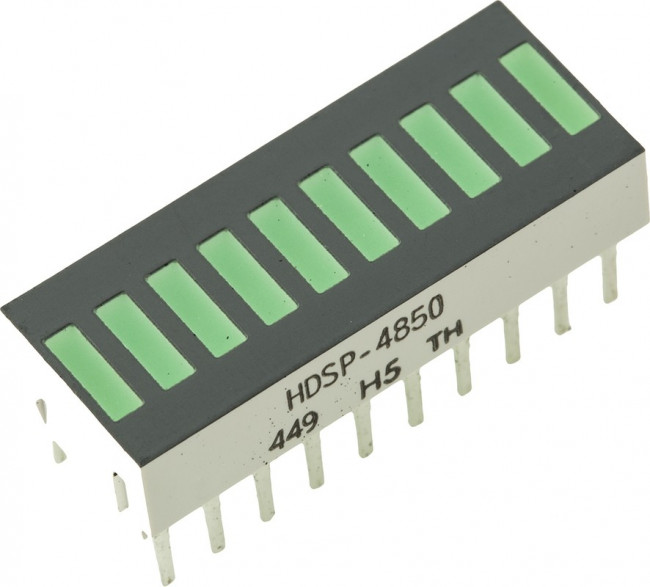 HDSP-4850, Светодиодная гистограмма, Зеленый, 20 мА, 2.1 В, 1.9 мкд, 10 светодиод(-ов), 25.4мм x 10.16мм