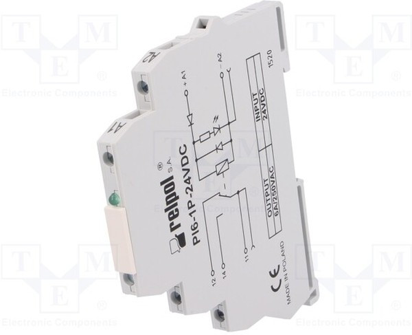 PI61P24VDC, Реле: интерфейсное, SPDT, Uобмотки: 24ВDC, 6А, SPDT, 6A/230ВAC, DIN