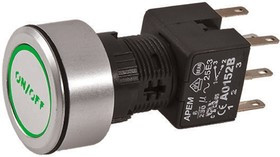 A1PCA1X236K203, Illuminated Push Button Switch, Latching, Panel Mount, 16mm Cutout, DPDT, Green LED, 250V ac, IP65