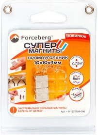 Неодимовый магнит прямоугольник 10х10х4 мм, 6шт, Forceberg