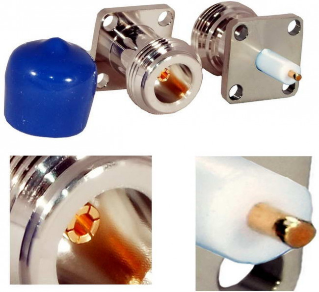 N-P245, Разъем высокочастотный, гнездо N на корпус, фланец под 4 винта, центр. жила под пайку