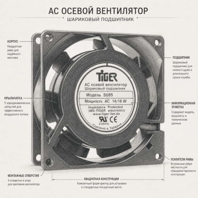 Вентилятор TIGER S085-4 HTB 24VAC 14/16WATT 80x25 2pin