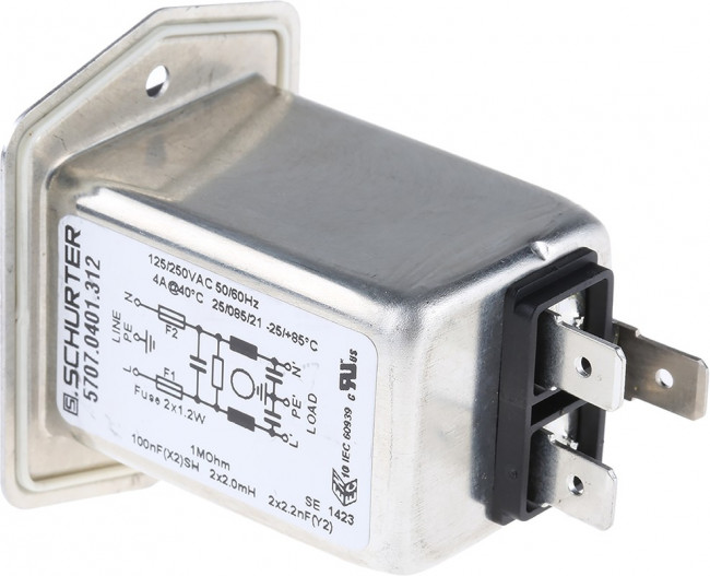 5707.0401.312, 4A, 250 V ac Male Panel Mount Filtered IEC Connector 5707.0401.312, Solder