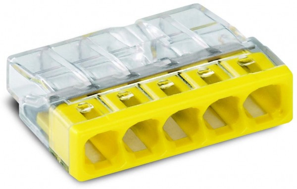 Wago клеммы для одножильных проводников; макс. 2,5 мм²; 5-проводн.; прозрачный корпус; желтая крышка Wago клеммы для одножильных проводников; макс. 2,5 мм²; 5-проводн.; прозрачный корпус; желтая крышка