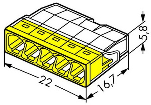 Wago клеммы для одножильных проводников; макс. 2,5 мм²; 5-проводн.; прозрачный корпус; желтая крышка Wago клеммы для одножильных проводников; макс. 2,5 мм²; 5-проводн.; прозрачный корпус; желтая крышка