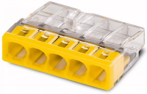 Wago клеммы для одножильных проводников; макс. 2,5 мм²; 5-проводн.; прозрачный корпус; желтая крышка Wago клеммы для одножильных проводников; макс. 2,5 мм²; 5-проводн.; прозрачный корпус; желтая крышка