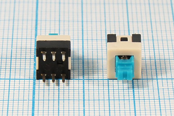 Двухполюсная кнопка с фиксацией DPDT, 2xon-off/off- on,30В/0.03А, аналог [PB22E07сф]; №2521 ПКн 7,0x 7,0x12\ 30\ 0,03\DPDT\\\6P\SPS2271\