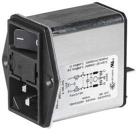 3-105-315, Filtered IEC Power Entry Module, IEC C14, General Purpose, 10 А, 250 В AC, 2-Полюсный выключатель