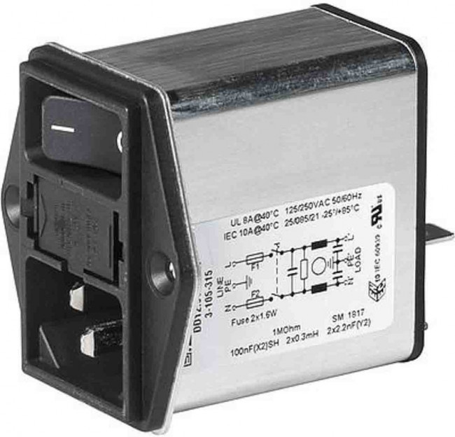 3-105-315, Filtered IEC Power Entry Module, IEC C14, General Purpose, 10 А, 250 В AC, 2-Полюсный выключатель