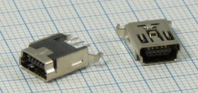 Разъем mini USB05FS розетка, тип B, контакты 5P2HP, монтаж на плату, вертикальный, miniUSB05FS