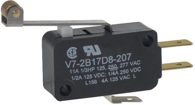 V7-1B17D8-207, Switch Snap Action N.O./N.C. SPDT Roller Lever Quick Connect 11A 277VAC 250VDC 248.57VA 0.83N Screw Mount
