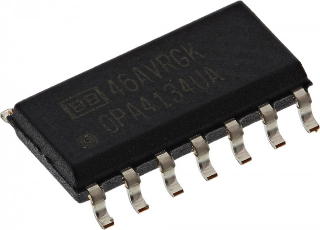 OPA4134UA, Высокоэффективный предварительный аудиоусилитель, 4-х канальный, искажения 0.00008%, 8МГц, [SO-14]