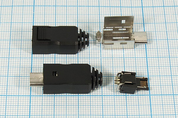 Штекер micro USB, Тип B, 5 контактов, на кабель, с пластиковым кожухом; №10617 штек microUSB \B\5C2C\каб\\ кожух\microUSBB5PB