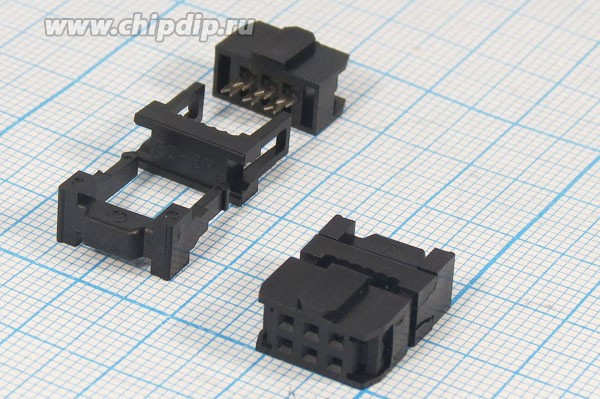 Гнездо IDC на 6 контактов, шаг 2.54x2.54мм, на шлейф; №1864 гн IDC\P2,54x2,54\ 6HP\шлейф\\IDC-6F