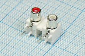 Гнездо RCA x 2, на плату, 1кр+1белый, пластик, Ni, RCA-216, угловое; №29 W гн RCA x 2\плат\1кр+1бел\\пл\ Ni\RCA-216\угловое