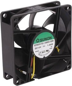 EF80251S1-G99-A, Вентилятор осевой, 12В DC, 80x80x25мм, подшипник скольжения, 69,29куб.м/ч, 33дБА, 24AWG