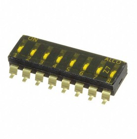 EDS08SGRSTU04Q, Switch DIP OFF ON SPST 8 Recessed Slide 0.025A 24VDC Gull Wing 2000Cycles 2.54mm SMD Tube