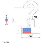 Крючок на неодимовом магните Е20 (М4), белый