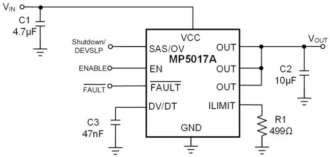 MP5017AGD-P, Power Load Distribution Switch, 1 Output, 5.5 V, 2.4 A, 0.045 ohm, QFN-12 MP5017AGD-P, Power Load Distribution Switch, 1 Output, 5.5 V, 2.4 A, 0.045 ohm, QFN-12
