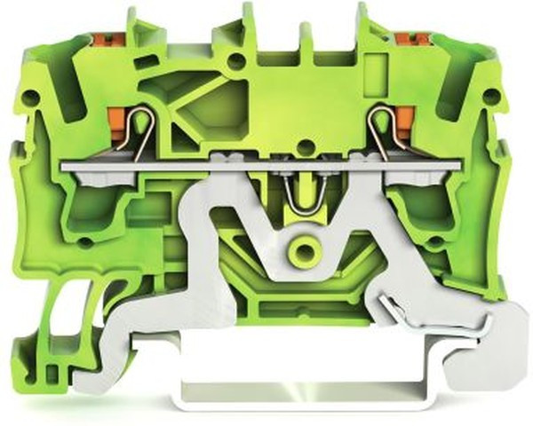 2202-1207, 2-пров. клемма с заземлением, 0,25 - 2,5 (4) мм2, наж.кнопка, желто-зелёная