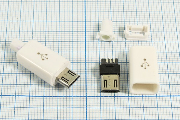 Штекер micro USB, Тип B, 5 контактов, на кабель, с пластиковым кожухом; №12654 штек microUSB \B\5C\каб\\кожух\ microUSBB5PBW\