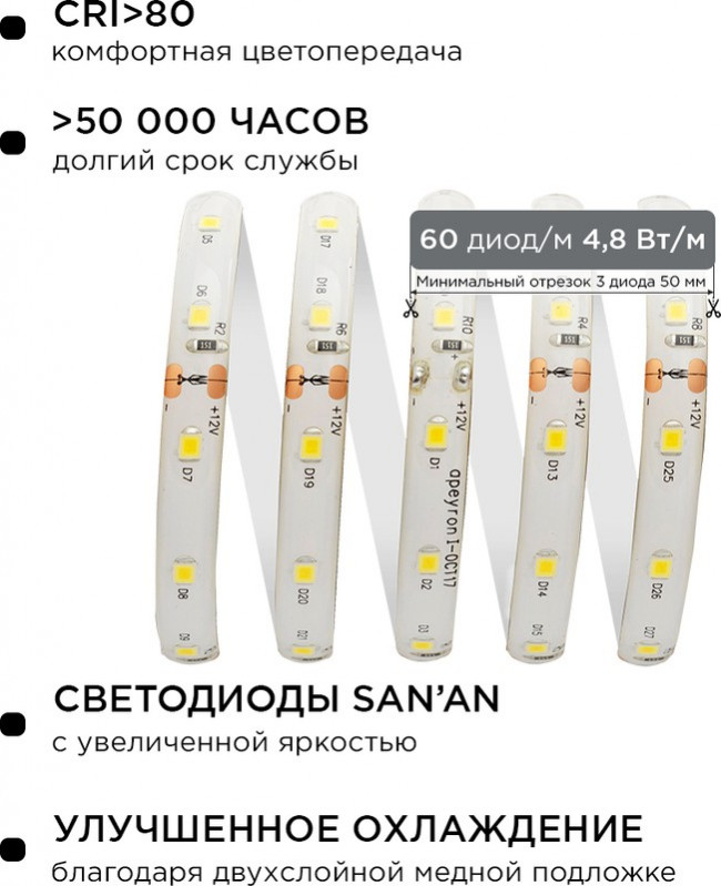 10-27, Набор светодиодной ленты, теплый белый, 12В, 4.8Вт/м, 60SMD(3528)/м, IP65, 5м, с блоком питания