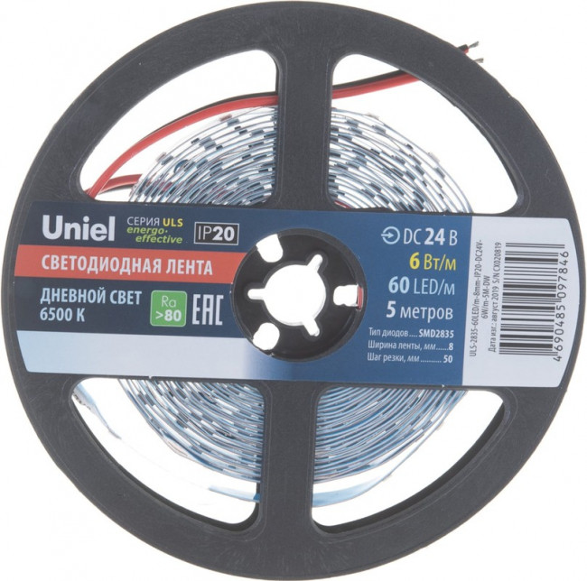 Гибкая светодиодная лента катушка 5м UL-00002969 ULS-2835-60LED/m-8mm- IP20-DC24V-6W/m-5M-DW UL-00002969