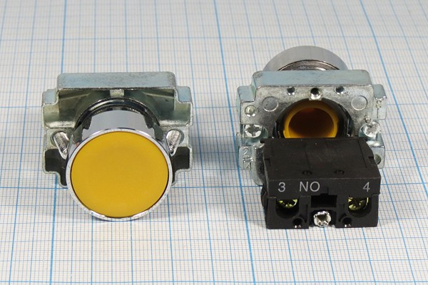 Включатель кнопочный без фиксации (SPST), OFF-(ON),жёлтый, 220В/3А, установочн d22мм; №14900Y ПКн\250\ 3\(SPST)\d22\чер\ жел\\2C\LXA2(3SA8)-