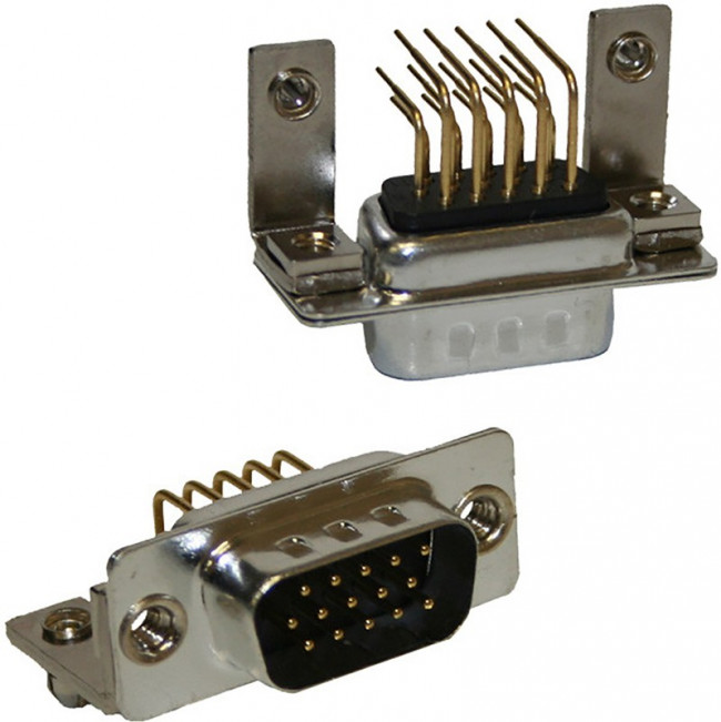 181-M15-113R141, D-Sub High Density Connectors 15P HD Male Vert Dip Machin Nickl W/Bdlck