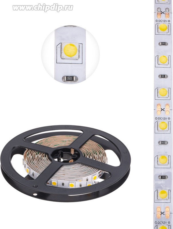 141-2022, Лента светодиодная 12В, SMD5050, 14,4Вт/м, 60 LED/м, 2700К, 10мм, 3м, для БП с клеммами, IP20