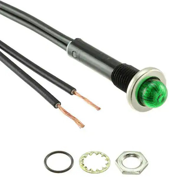 75R-2212, Panel Mount Indicator Lamps PMI RND .375" Neon 125V Wire Green Ni