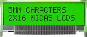MC21605L6WK-SPTLY, Буквенно-цифровой ЖКД, 16 x 2, Черный на Желтом / Зеленом, 5В, Параллельный, Английский, Евро MC21605L6WK-SPTLY, Буквенно-цифровой ЖКД, 16 x 2, Черный на Желтом / Зеленом, 5В, Параллельный, Английский, Евро