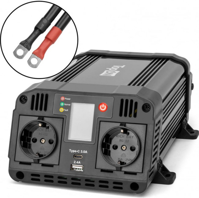 Автомобильный инвертор TopON TOP-PI1202 1200W 2 розетки, Type-C, USB, LCD экран, пиковая мощность 2400W Черный