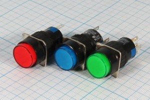 Переключатель кнопочный, d16, 220В, 3.0А, ON-(ON), ILкрасный, контакты 5C, AL6Y-M